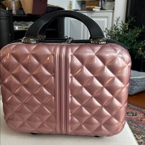Compact Quilted Pink Hard-Shell Cosmetic Case with Top Handle